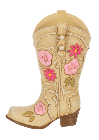 Cream bud vase shaped like a boot from Ganz on a white background