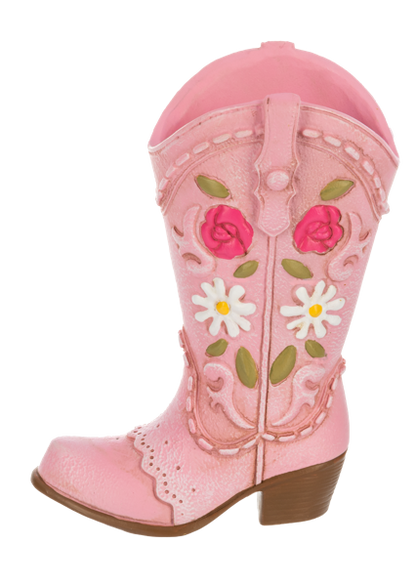Light pink bud vase shaped like a boot from Ganz on a white background