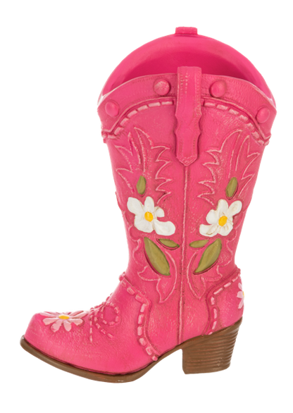 Dark pink bud vase shaped like a boot from Ganz on a white background