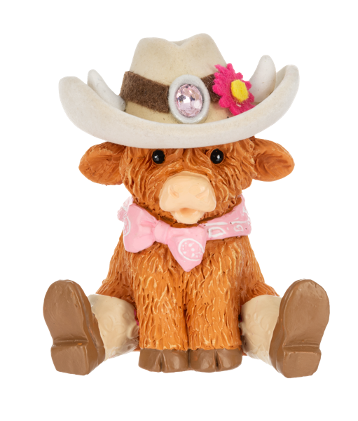a small cow figurine from Ganz wearing western wear on a white background