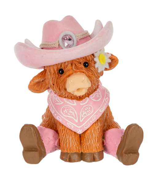 a small cow figurine from Ganz wearing western wear on a white background