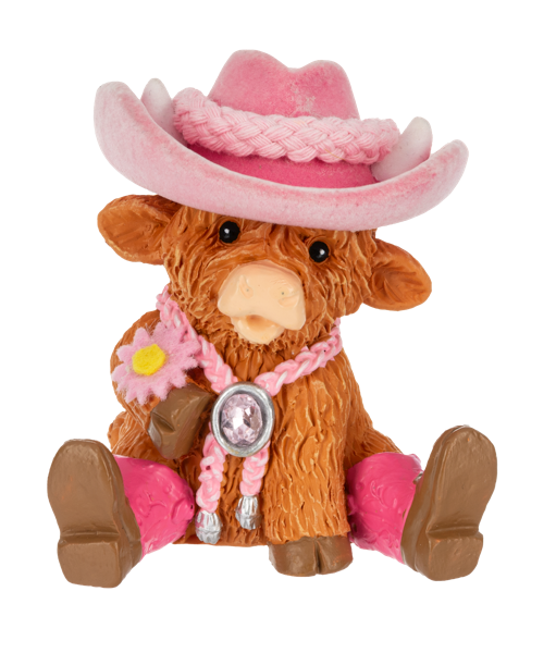 a small cow figurine from Ganz wearing western wear on a white background