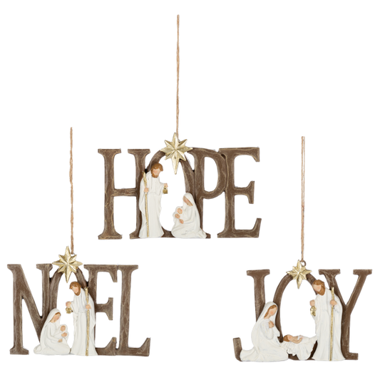 Christmas Tree ornaments from Ganz with nativity scenes on them on a white background