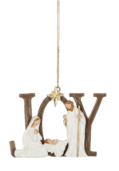 A hanging Christmas ornament from Ganz spelling 'JOY' in large brown letters, with a small gold star at the top and a nativity scene featuring Mary, Joseph, and baby Jesus in white robes in the center.
