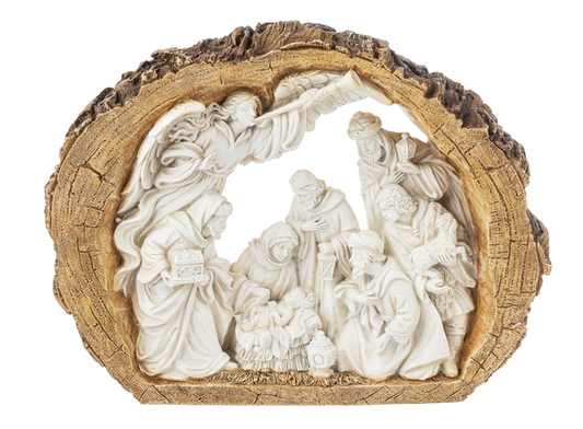 Nativity scene by Ganz circled by a wood ring made of polyresin on a white background