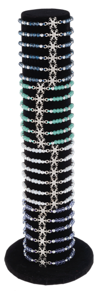 A bracelet holder full of bracelets of different colors with snowflakes on them from Ganz on a white background