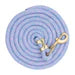 ligh purple coiled lead rope for horses with a brass clip on a white background