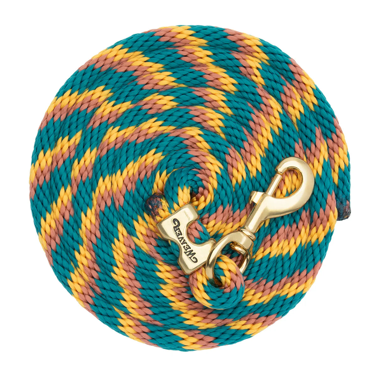 Teal and mustard coiled lead rope for horses with a brass clip on a white background
