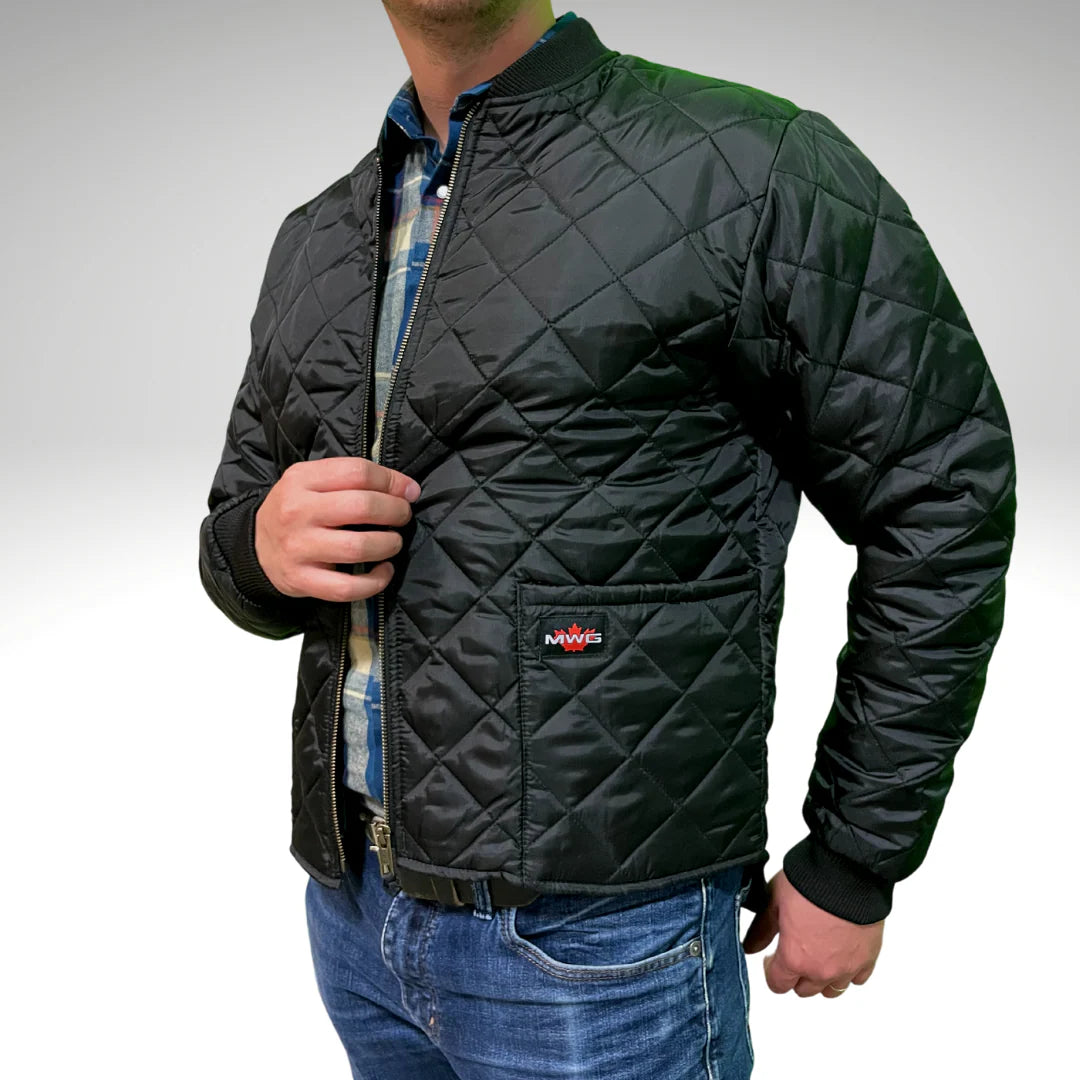 Person wearing a black quilted jacket with a visible brand logo on a gray background