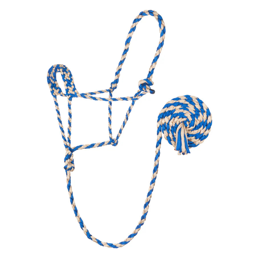 A braided rope halter for horses with a lead, blue and tan in color, on a white background.