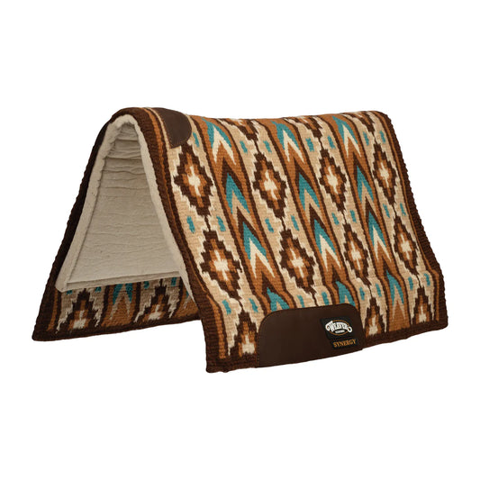 Brown and Turquoise Patterned horse saddle pad with woven top and 'weaver' brand logo on a white background