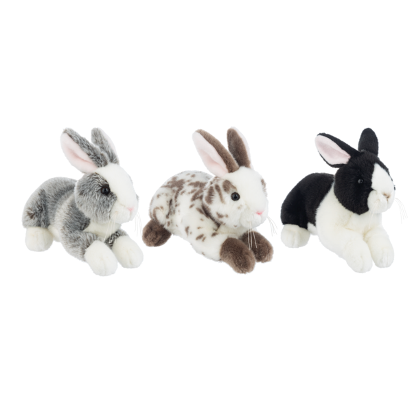 Three stuffed bunnies from Ganz on a white background