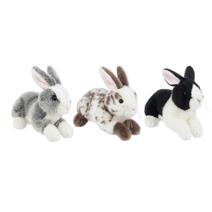 Three stuffed bunnies from Ganz on a white background
