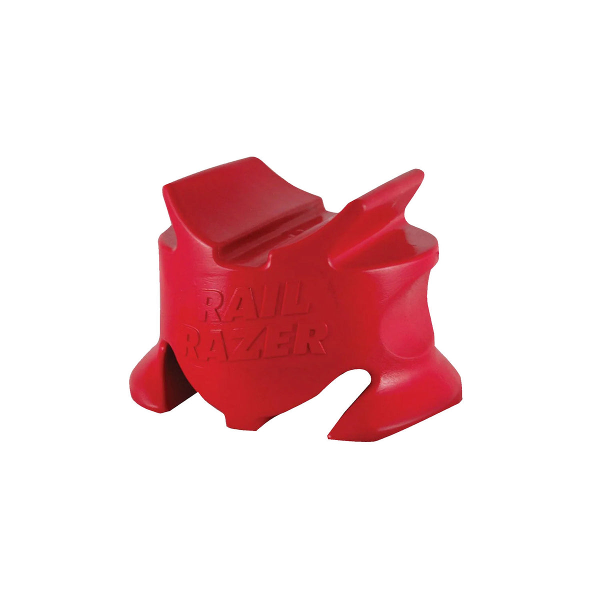 a red plastic block shaped in a way to hold a rail with the words rail razer on it