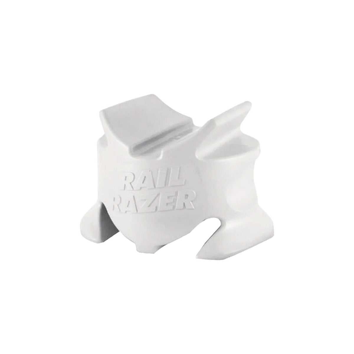a white plastic block shaped in a way to hold a rail with the words rail razer on it