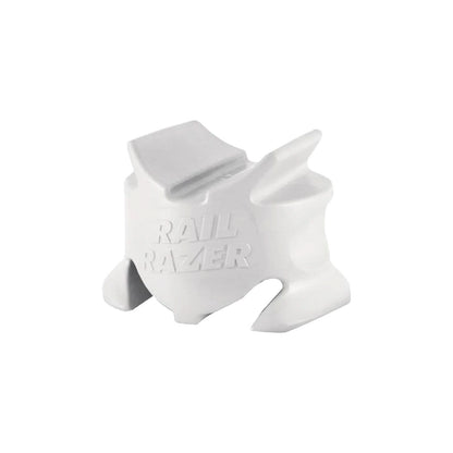 a white plastic block shaped in a way to hold a rail with the words rail razer on it
