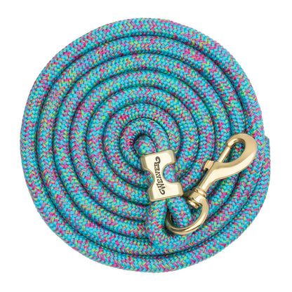 blue and pink coiled lead rope for horses with a brass clip on a white background