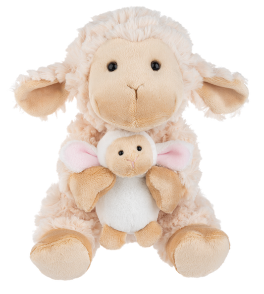 Mama lamb and baby stuffy from Ganz on a white background