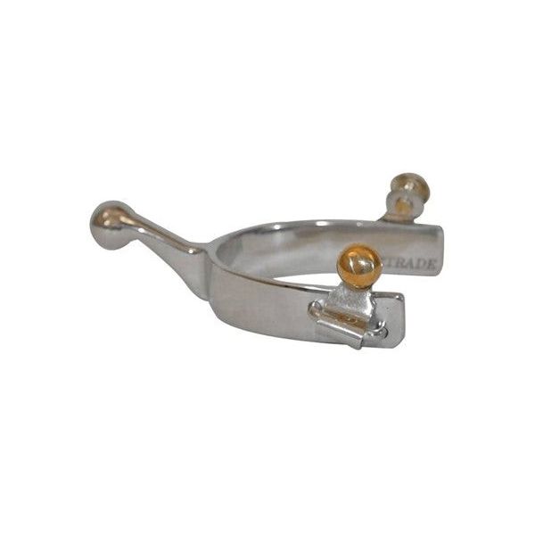 silver huamen spur with a knob end and brass buttons on a white background