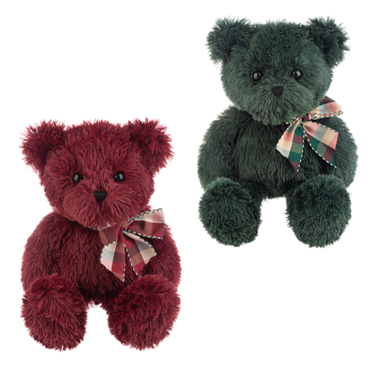 Red and Green Ganz stuffy bears with plaid bow ties on a white background