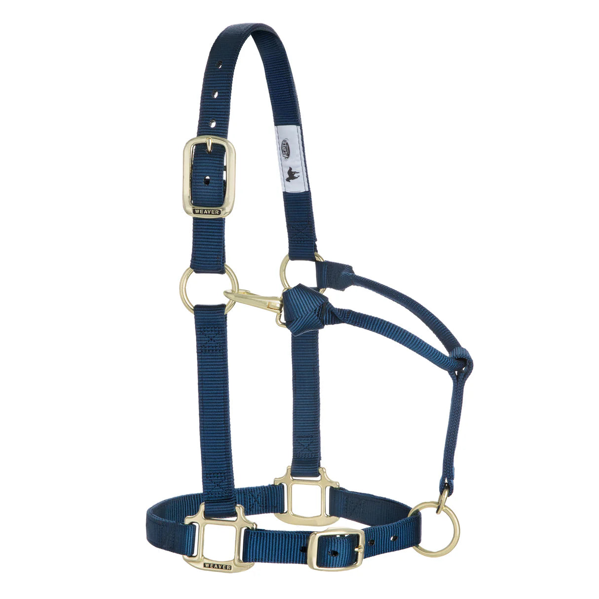 navy adjustable nylon yearling halter with brass plated hardware and rolled throat with clip.