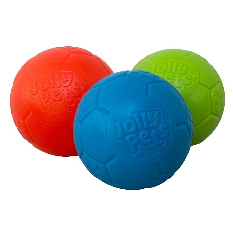 Three colorful rubber balls with 'Jolly Pets' branding on a white background