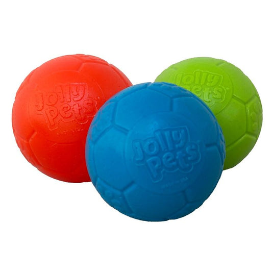 Three colorful rubber balls with 'Jolly Pets' branding on a white background