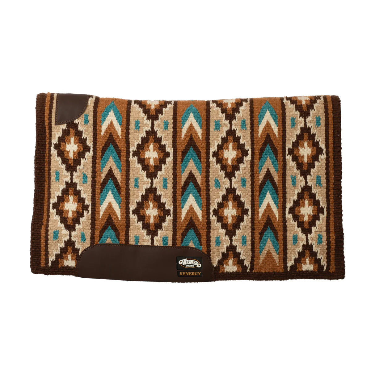 Brown and Turquoise Patterned horse saddle pad with woven top and 'weaver' brand logo on a white background