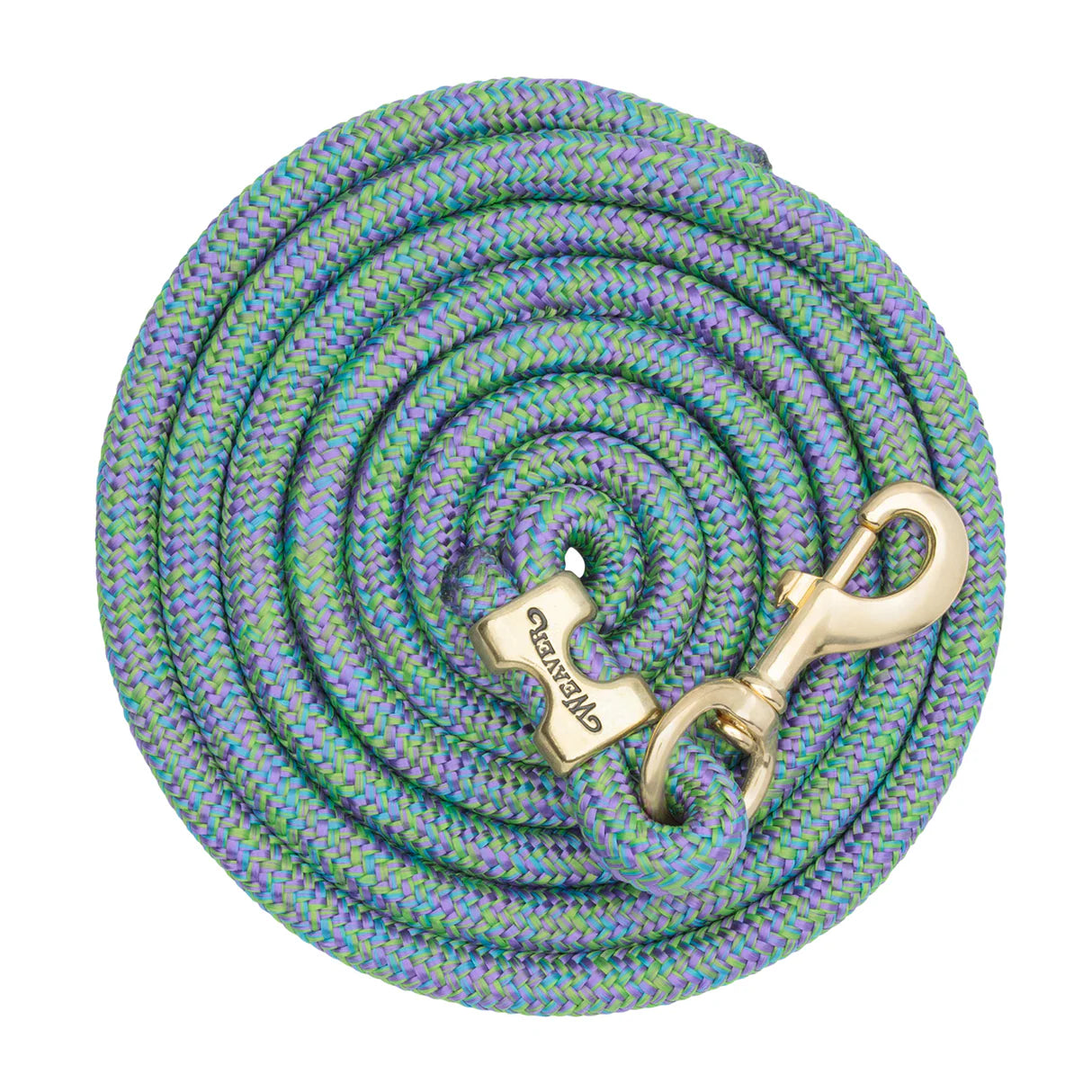 green and purple coiled lead rope for horses with a brass clip on a white background