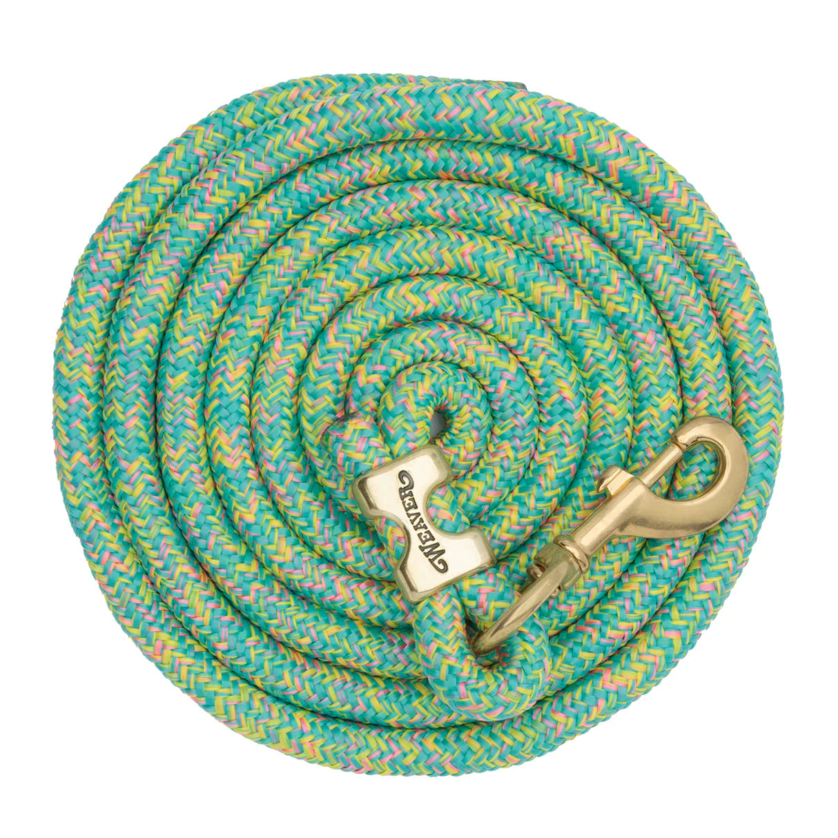 pastel colored coiled lead rope for horses with a brass clip on a white background