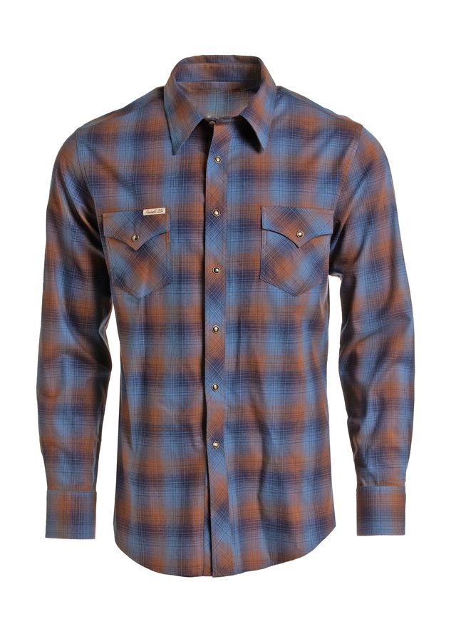 A long-sleeve button-up plaid shirt by Panhandle Slim in blue and brown tones, featuring two buttoned chest pockets and a small rectangular brand patch on the left chest, shown against a plain white background.