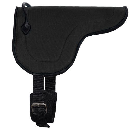 Black mini bareback pad with felt bottom and leather handhold, equipped with a buckle and strap.