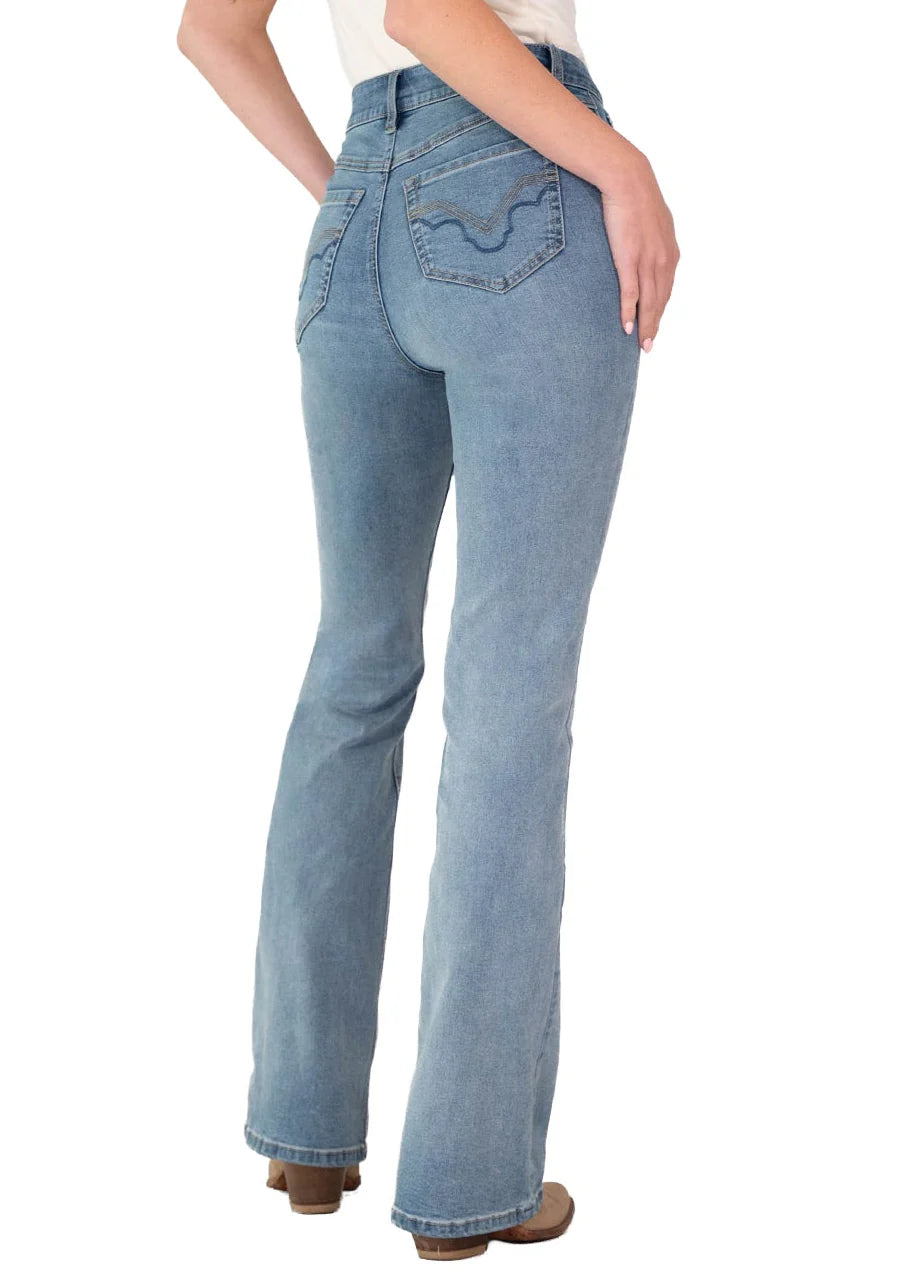 A person shown from the back wearing light-wash blue Rock&Roll Denim flare jeans, photographed against a plain white studio background.