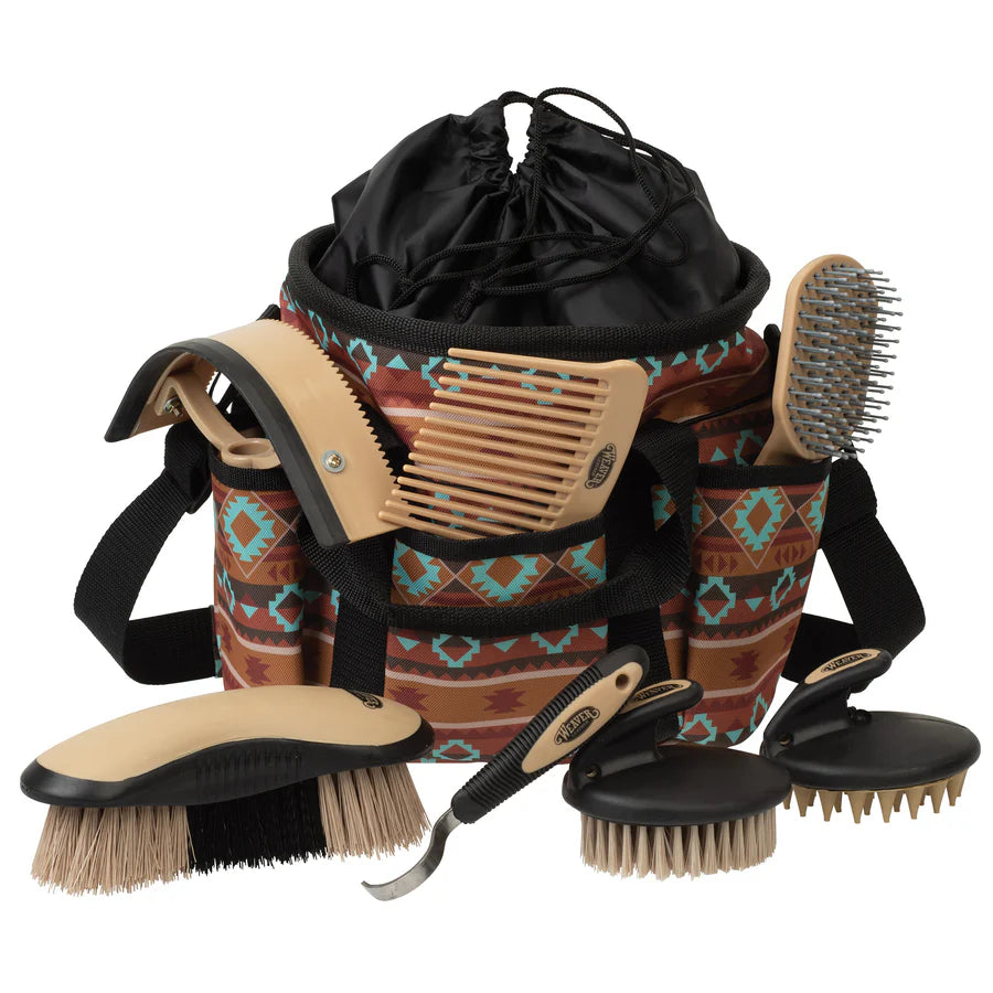 Brown patterned storage back with horse brushes on a white background