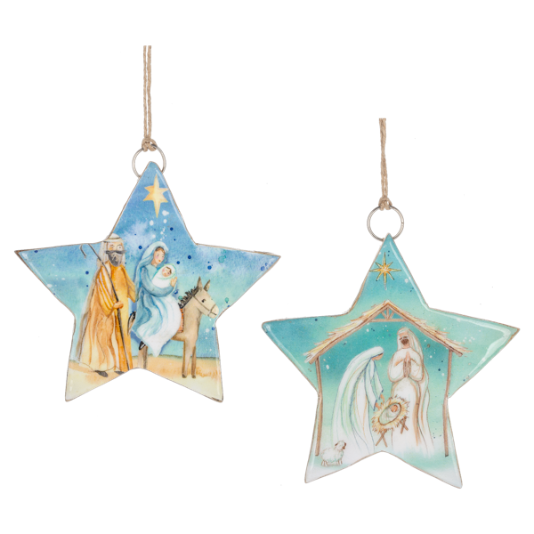 Set of star shaped christmas ornaments from Ganz with nativity scenes on them on a white background