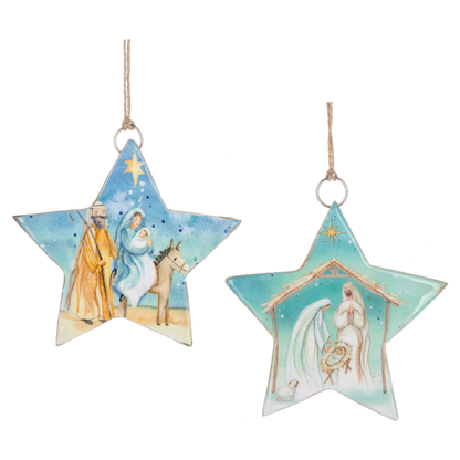 Set of star shaped christmas ornaments from Ganz with nativity scenes on them on a white background