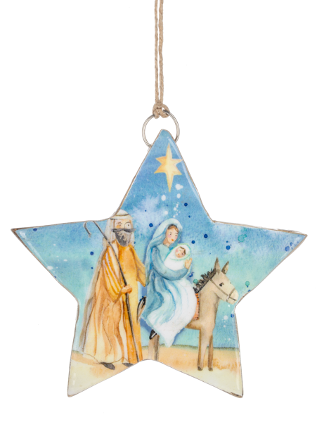 star shaped christmas ornament with a nativity scene on it from Ganz on a white background