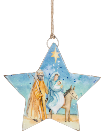 star shaped christmas ornament with a nativity scene on it from Ganz on a white background