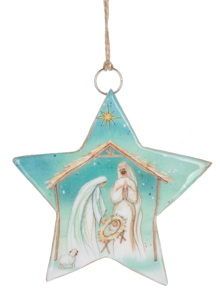 star shaped christmas ornament with a nativity scene on it from Ganz on a white background
