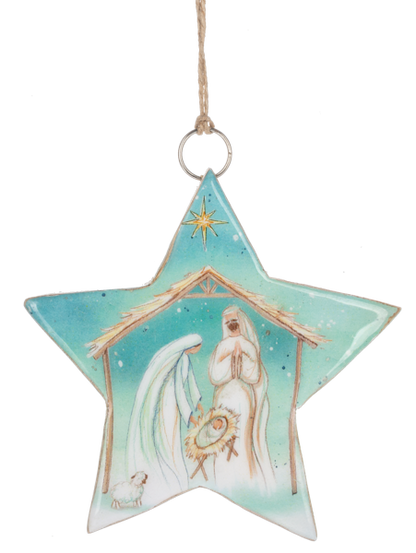 star shaped christmas ornament with a nativity scene on it from Ganz on a white background
