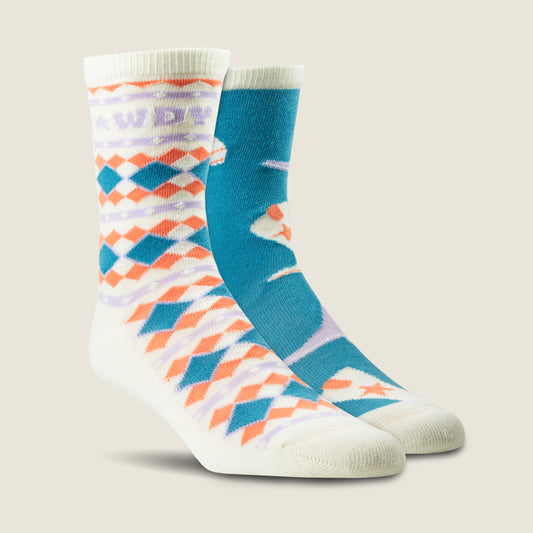 A pair of Ariat crew socks with a colorful geometric pattern, featuring orange, teal, and white diamond motifs with purple accents, set against a solid light beige background.