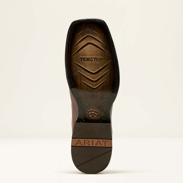 Close-up of a boot sole with 'Tekstep' and 'Ariat' branding on a beige background