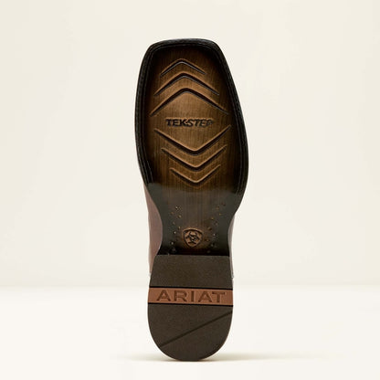Close-up of a boot sole with 'Tekstep' and 'Ariat' branding on a beige background