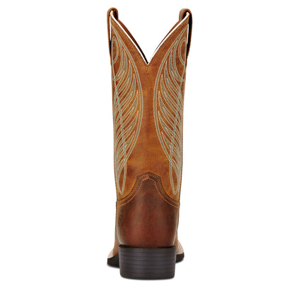 Brown Ariat cowboy boot with intricate white stitching on a white background