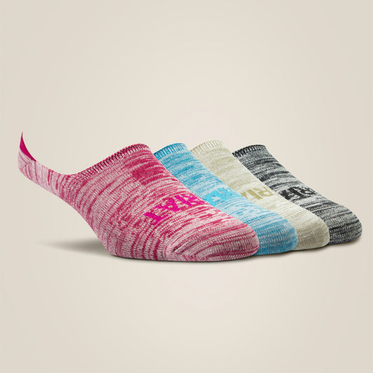 Four low-cut Ariat ankle socks arranged in a fan shape on a light beige background. 