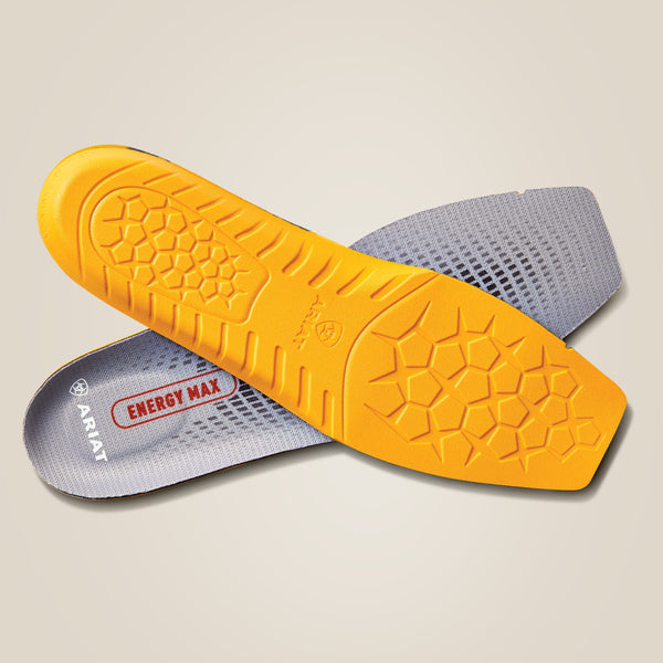 Orange Ariat shoe insole with gray mesh on a beige background