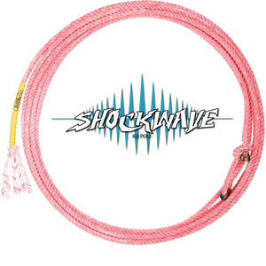 A coiled pink Shockwave Youth Rope by Cactus Ropes with a label that includes the product name and the Cactus Ropes logo.