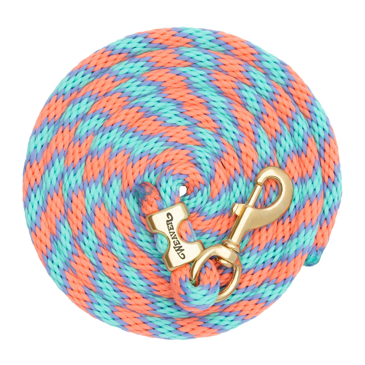 coral and mint coiled lead rope for horses with a brass clip on a white background