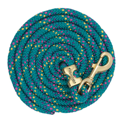 Teal coiled lead rope for horses with a brass clip on a white background