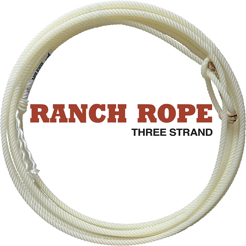 Coiled ranch rope with 'Ranch Rope Three Strand' text on a white background